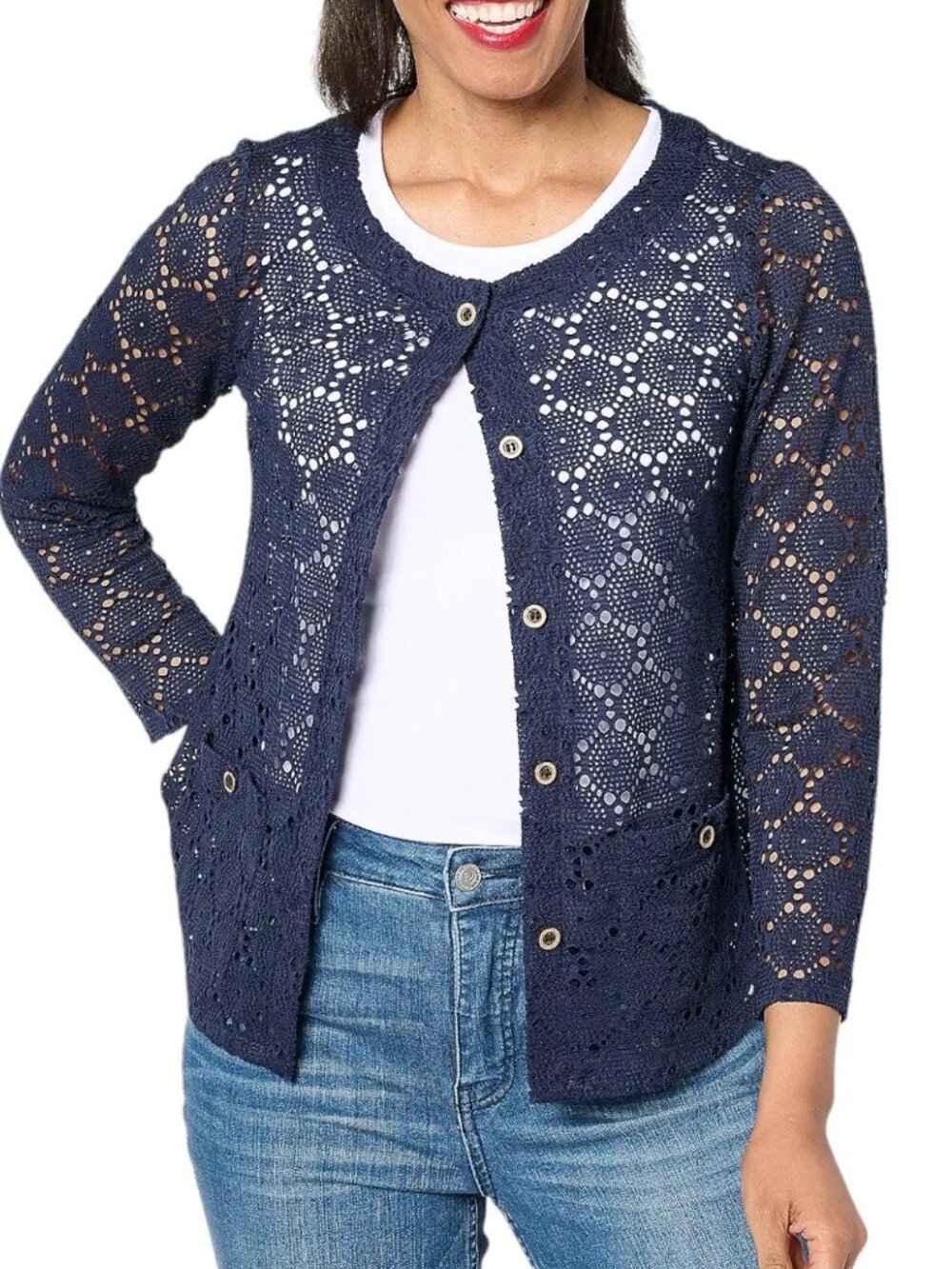Susan Graver Women's Cardigan Size XL Pointelle Knit 3/4 Sleeve Navy Blue Lace